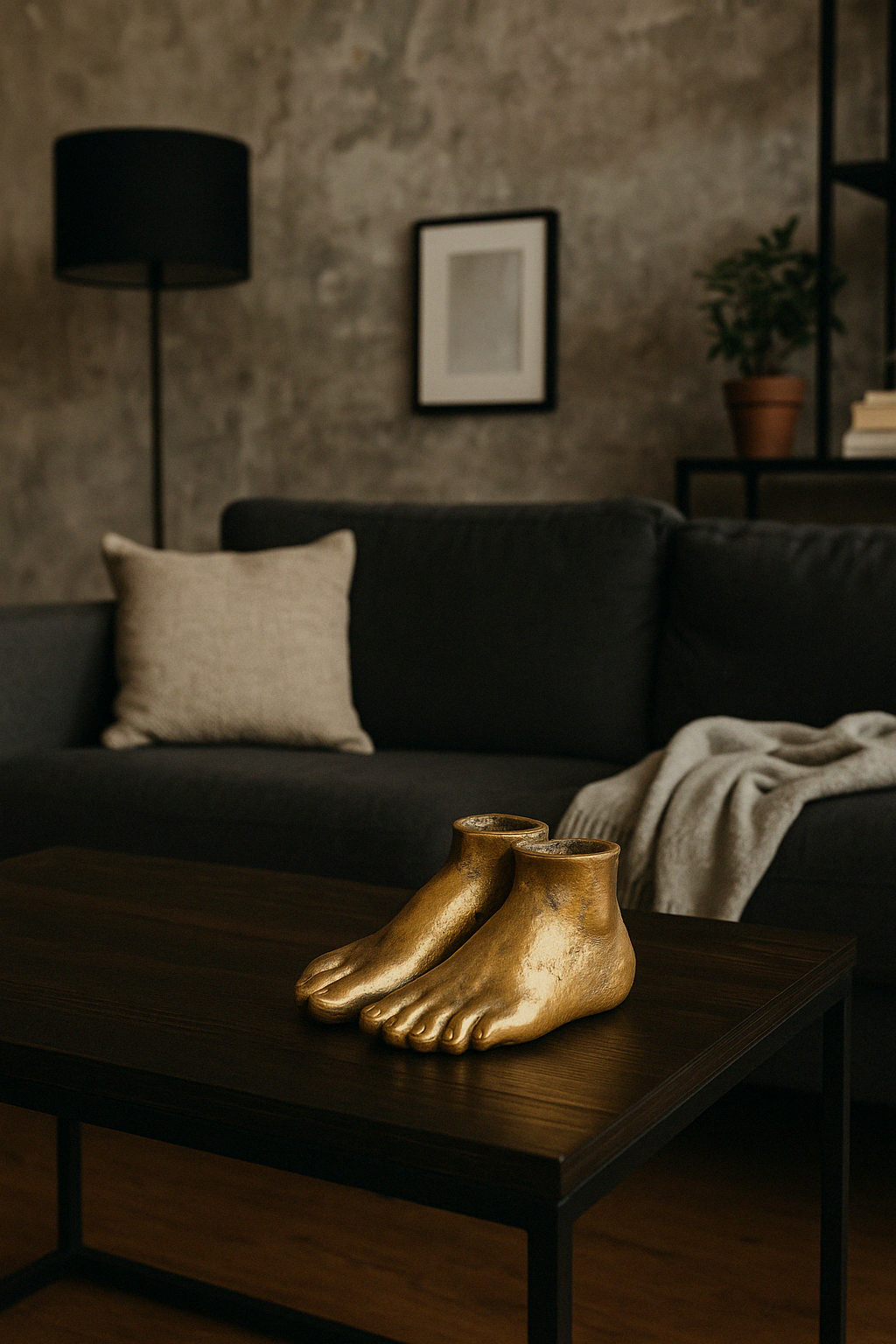 View of Lawrence Grey gold feet sculpture, showcasing detailed texture.