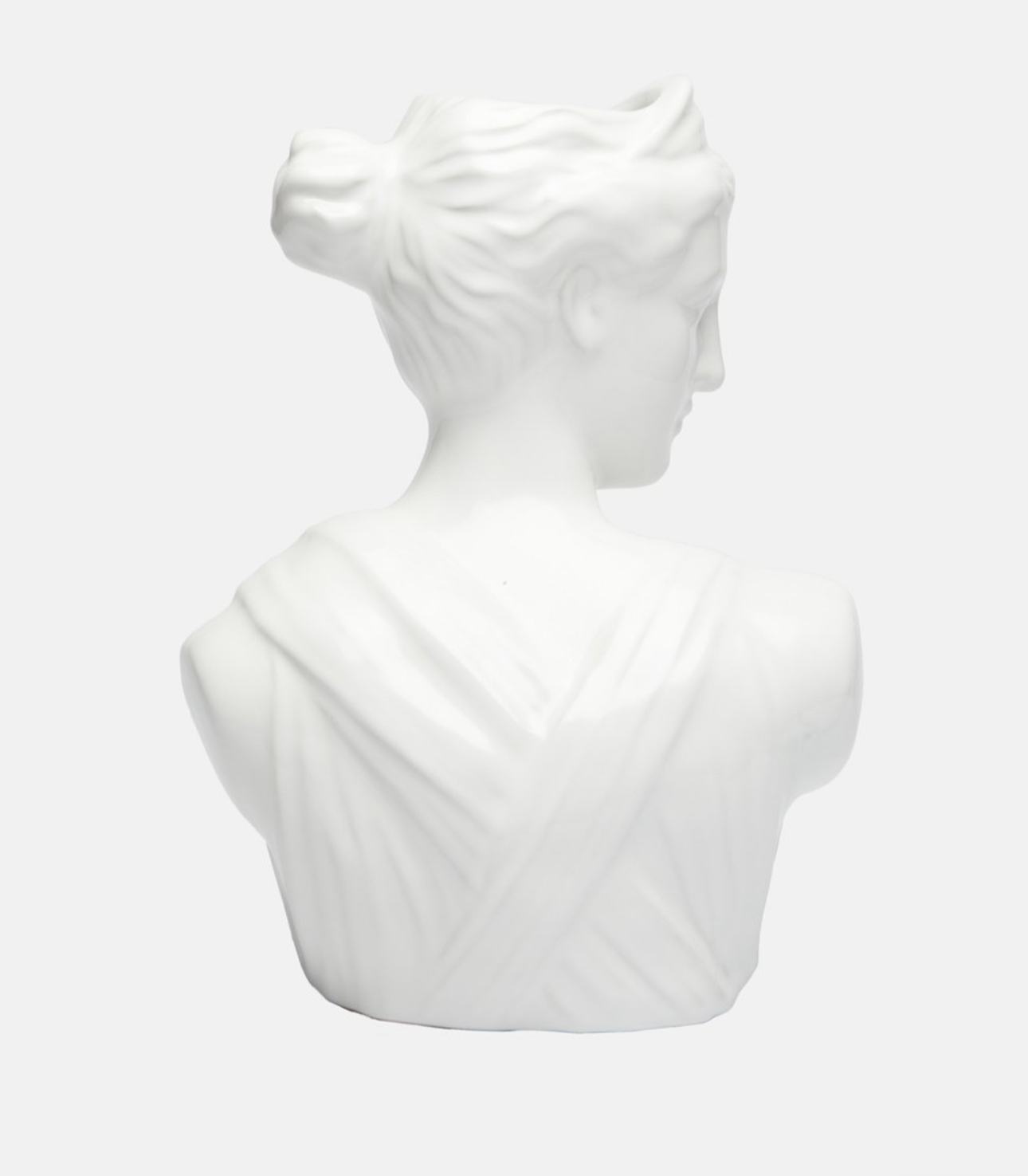 Back view of the Lawrence Grey bust-style ceramic vase showing elegant draped detailing.