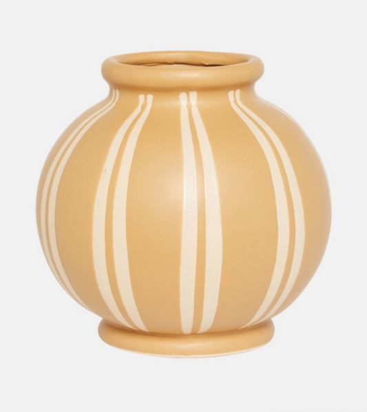 Front view of Broste Copenhagen ceramic vase with vertical white stripes