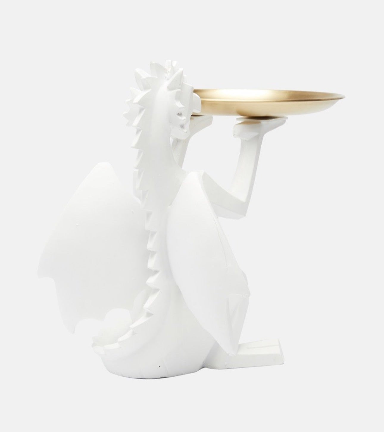 Side angle of white polyresin dragon sculpture with steel tray