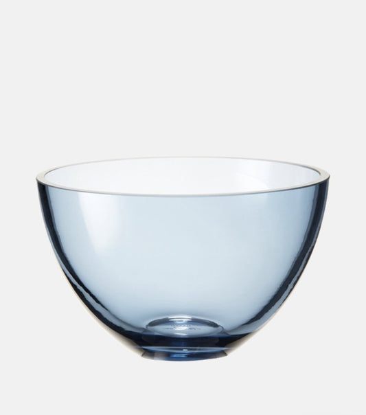 Front view of the Holmegaard glass bowl in soft blue color.