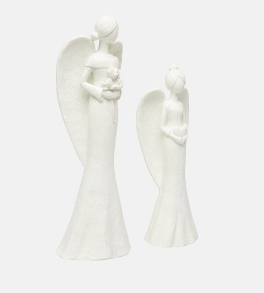 Front view of Lawrence Grey ceramic angel figures in matte white finish