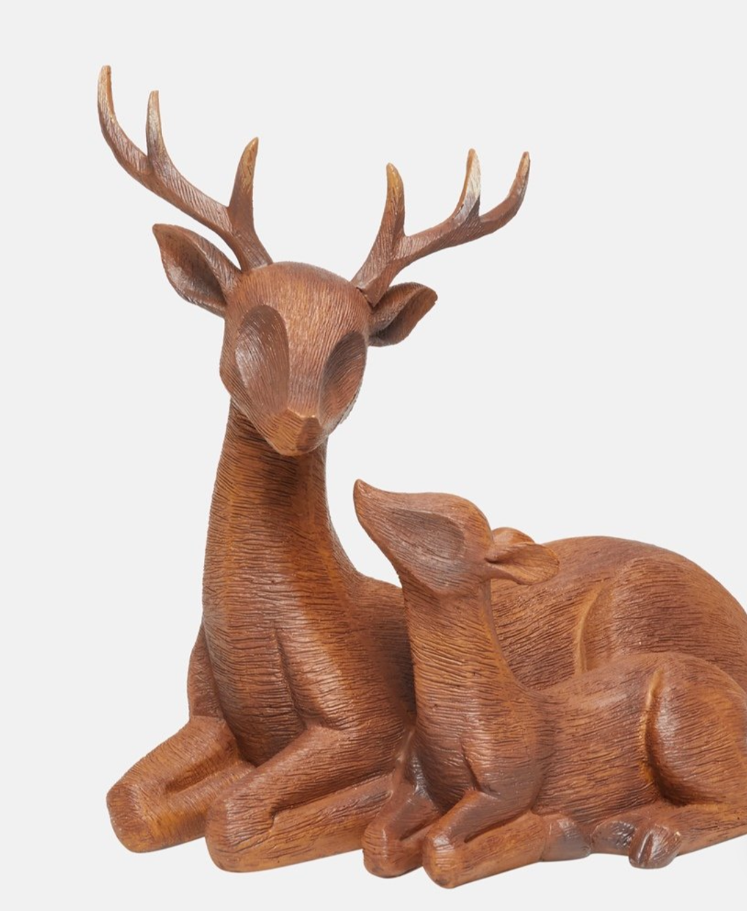 Decorative deer and fawn sculpture in dark brown resin, front view.