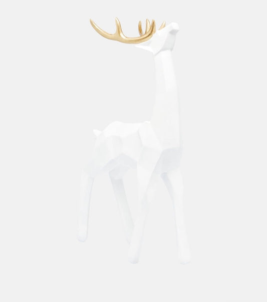 Full view of white deer sculpture with gold antlers by Lawrence Grey