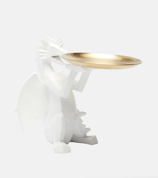 Front view of Lawrence Grey white dragon sculpture holding gold tray