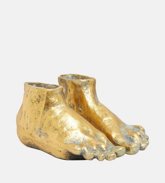  Front view of Lawrence Grey gold feet sculpture, showcasing detailed texture.