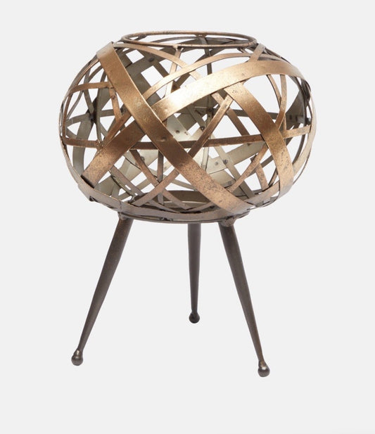 Industrial lantern by Lawrence Grey featuring bronze orb design and tripod legs – front view