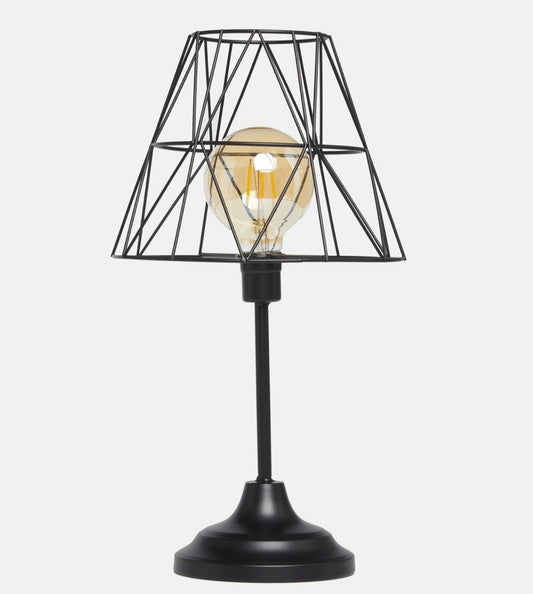Lawrence Grey cordless table lamp with geometric black wireframe shade and warm bulb