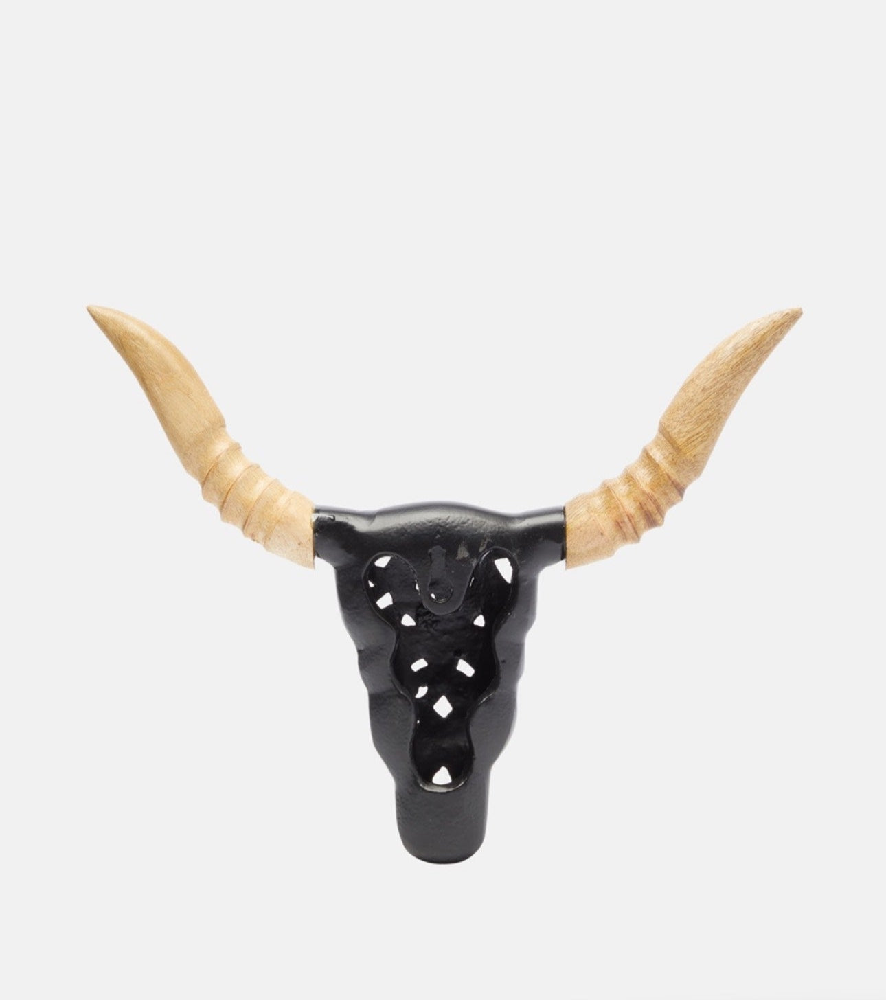 Front view of Lawrence Grey bull skull wall hanging with wood horns